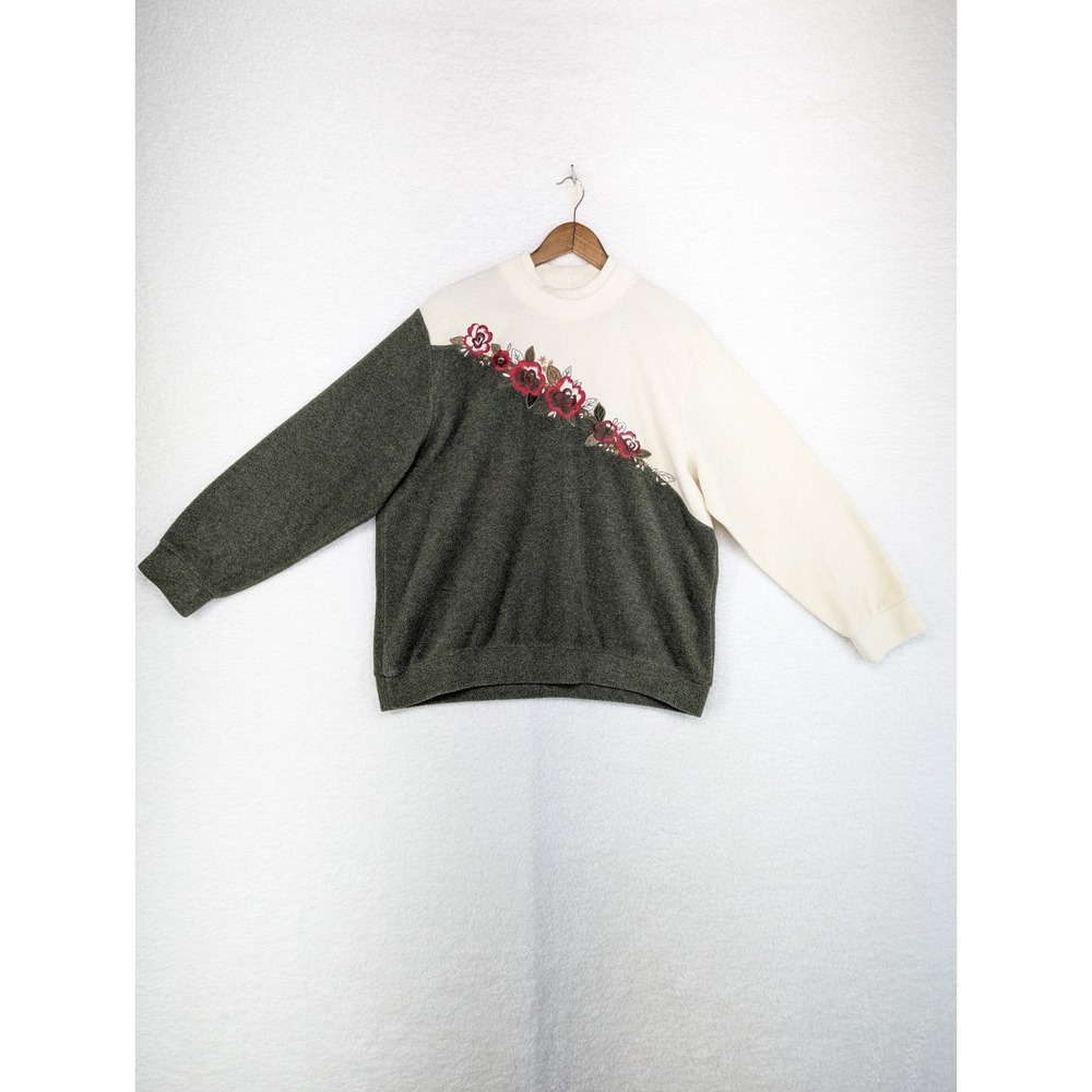 Vintage TanJay Floral‎ Flowers Sweatshirt WomensWhite Green M/L